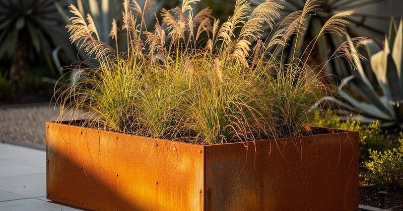 Metall-Hochbeet in modernem Design auf einer Terrasse